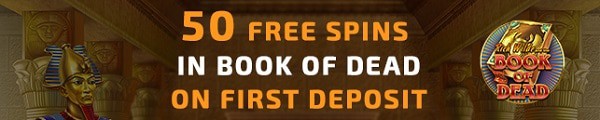 1st deposit bonus: 50 free spins on Book of Dead (Play n'Go slot).