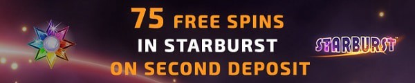 2nd deposit bonus: 75 free spins on Starburst (Netent).